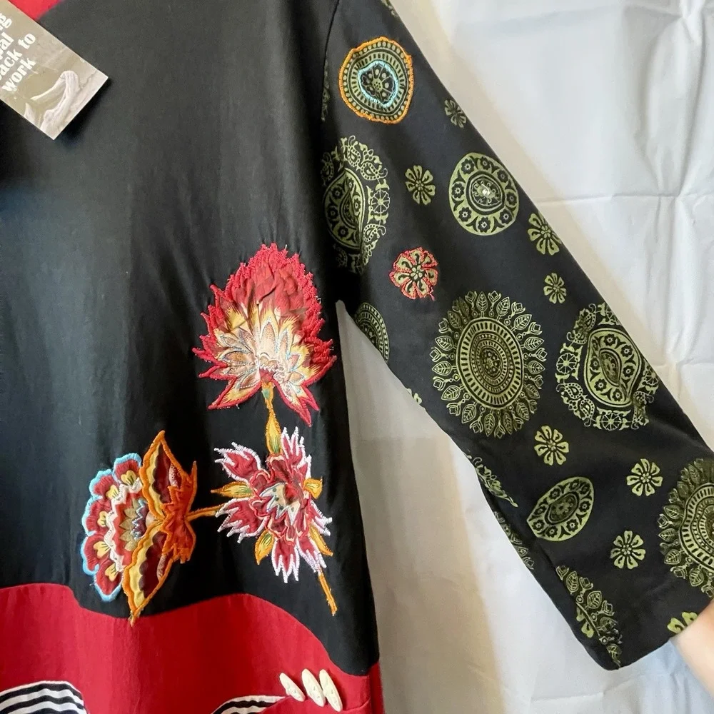 Leopards & Roses Women Size 1XL Dress /Tunic Artisanal‎ Embellished Art To Wear